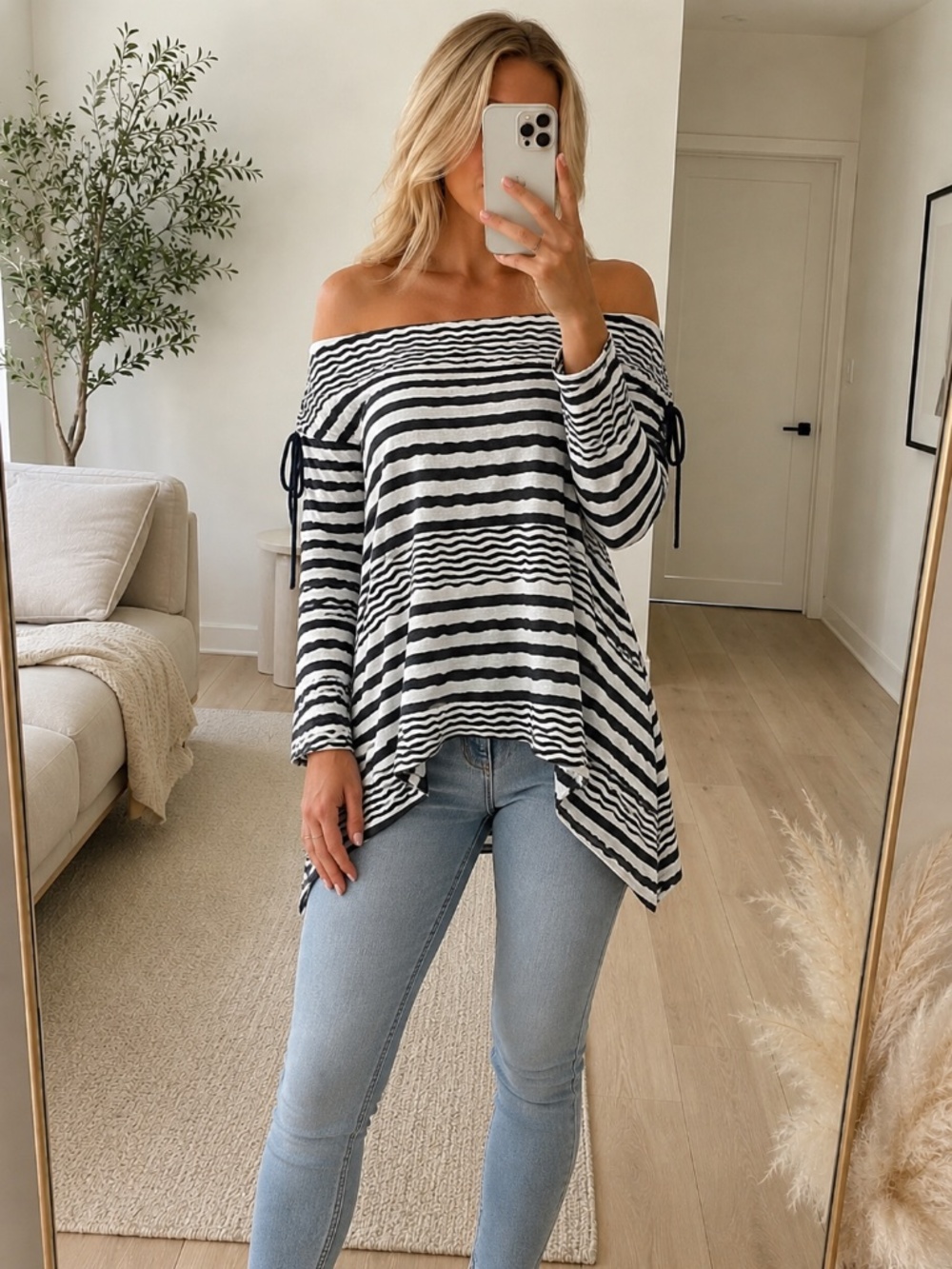 Off Shoulder Black White Striped Tunic Top Small NWT